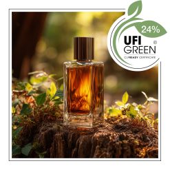 Butelka perfum na pniu drzewa w lesie, naturalne światło.