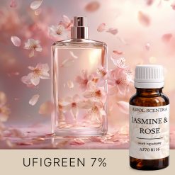 Kwiaty jaśminu i flakon perfum w promieniach słońca.