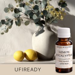 Wazon z cytrynami i liśćmi eukaliptusa na jasnym tle.