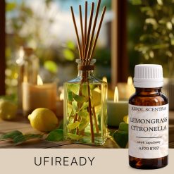 dyfuzor zapachowy z cytryną i innymi akcesoriami na tle neutralnym.