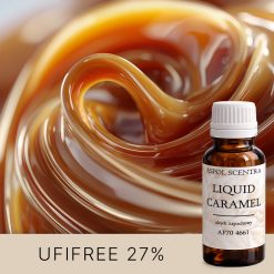 Wirujący płynny karmel w zbliżeniu oraz mała butelka olejku zapachowego.