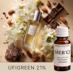 Flakon perfum wśród białych kwiatów, migdałów i kawałków czekolady oraz butelka olejku zapachowego.