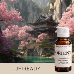 Spokojny krajobraz z tradycyjnymi japońskimi pagodami, otoczonymi kwiatami wiśni i górami.