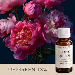 Luksusowy flakon perfum wśród piwonii.