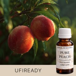 Dwie brzoskwinie z rosą na gałęzi o świcie.