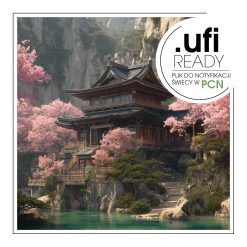 Spokojny krajobraz z tradycyjnymi japońskimi pagodami, otoczonymi kwiatami wiśni i górami.