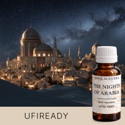 Nocna scena bogato oświetlonego, kopulastego pałacu.