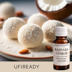 Trufle kokosowe obtoczone w wiórkach kokosowych, na talerzu obok migdałów. - AF70 5985