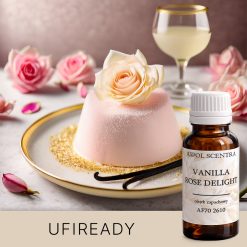 Elegancki różowy deser w kształcie kopuły, udekorowany kremową różą, podany na talerzu ze złotym cukrem - AF70 2610