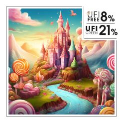 Bajkowy zamek otoczony gigantycznymi cukierkami i lizakami w kolorowej, fantazyjnej krainie. - AF70 42781