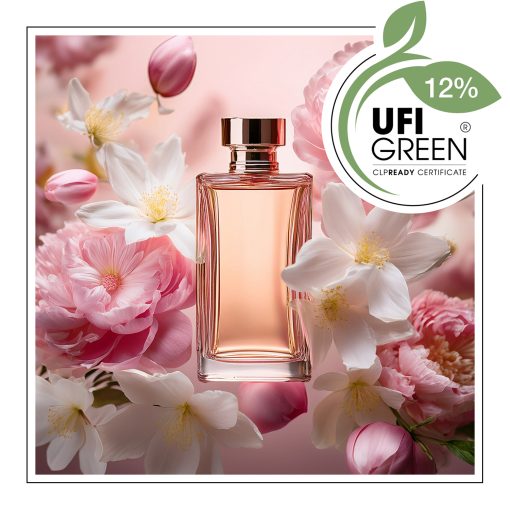 Flakon perfum otoczony różowymi i białymi kwiatami na pastelowym tle. - AF70 10081