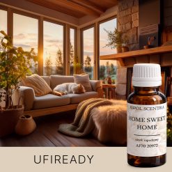 Przytulny salon z kominkiem, sofą i śpiącym kotem w ciepłym świetle zachodzącego słońca. - AF70 20972