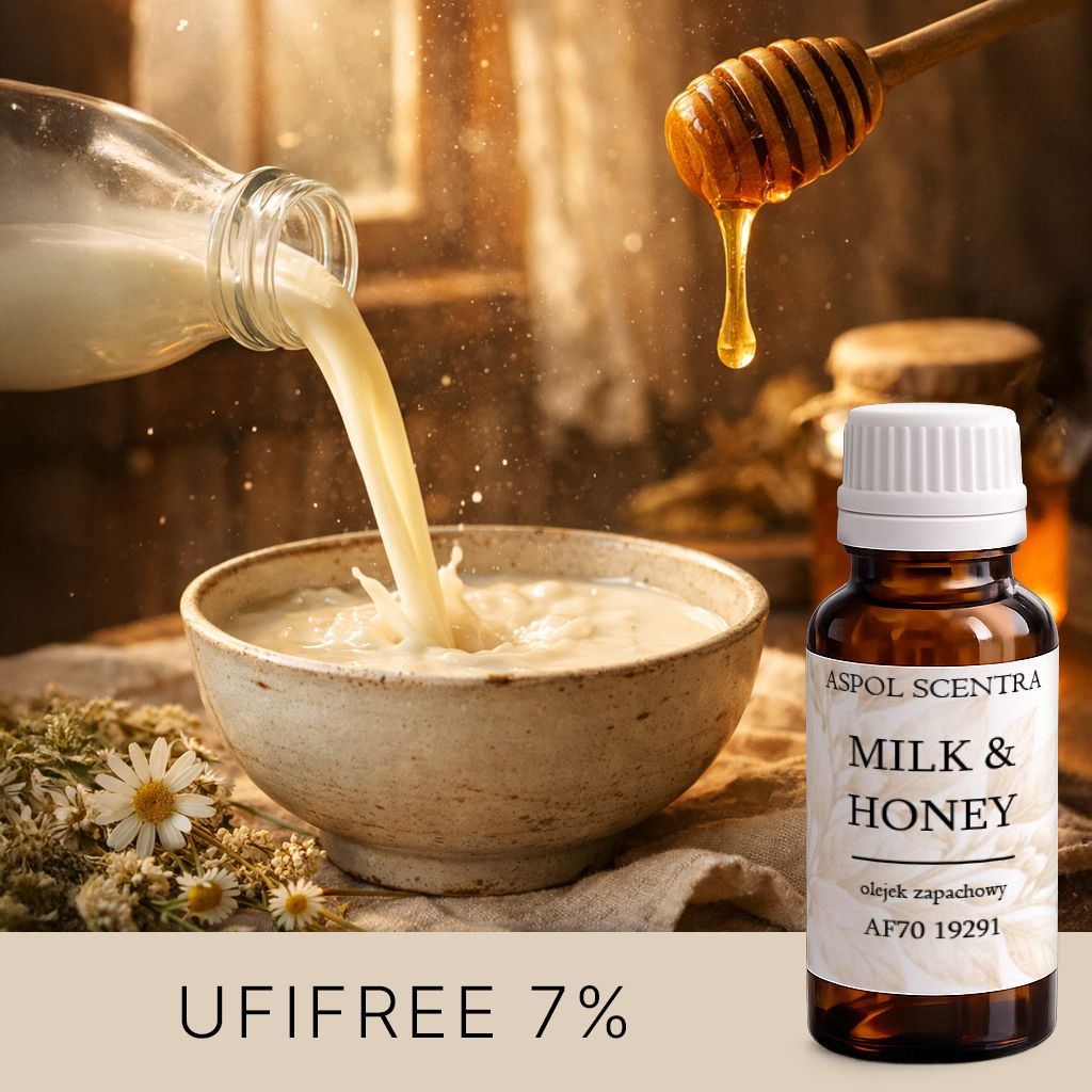 Strumień mleka wlewany do miski i kropla miodu z nabieraka