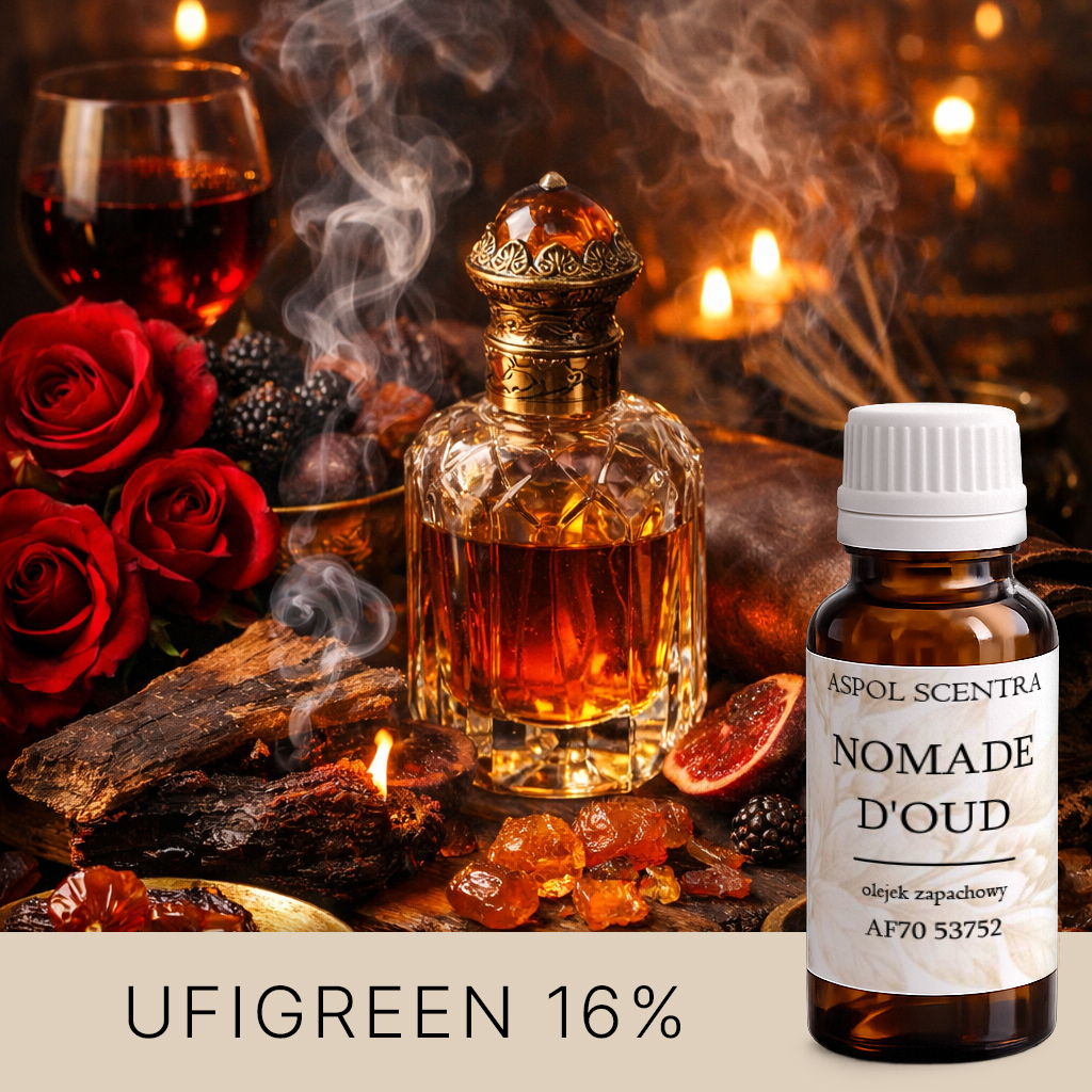 Flakon perfum w otoczeniu róż, drewna oud i świec